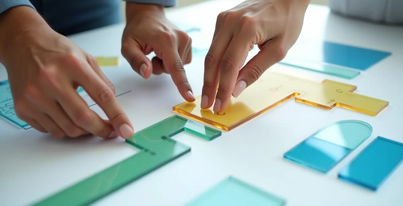 Human hands collaborating over abstract workflow diagrams showing process improvement