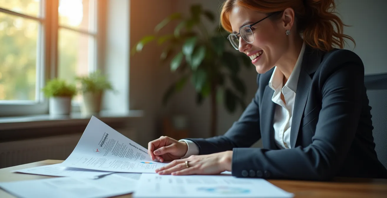 Professional reviewing financial documents in modern office setting