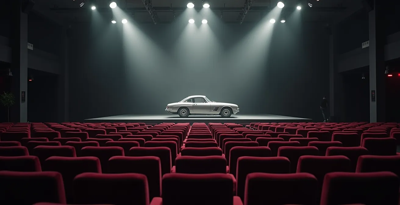 Classic car auction hall with vintage vehicles and empty buyer seats