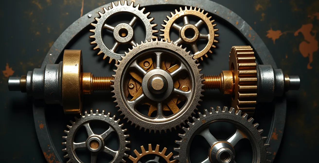 Abstract visualization of business competitive advantage as interconnected gears and flowing energy