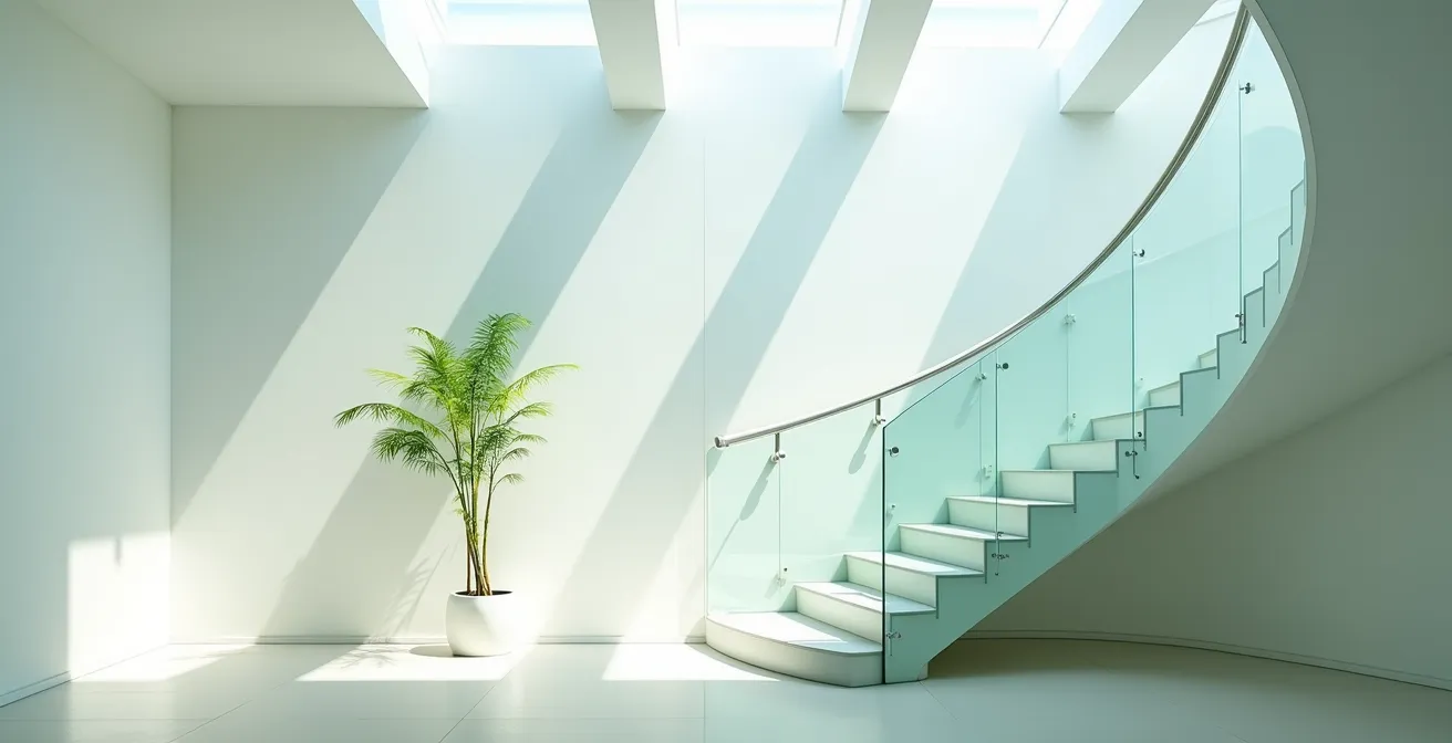 Visual representation of exponential growth curves and compound interest effects, depicted by a spiraling glass staircase.