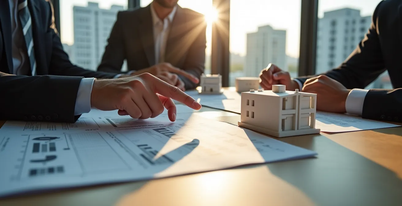 Business professionals reviewing construction financing documents with architectural models
