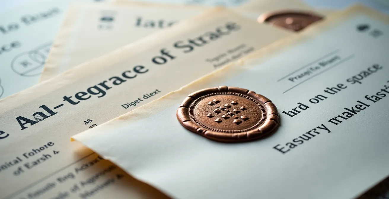 Macro shot of architectural blueprints with official approval stamps and zoning permits creating layers of value