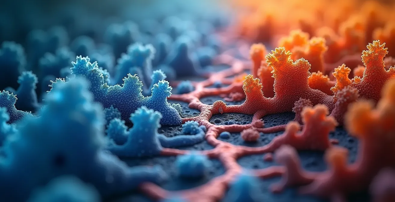 An abstract macro photograph showing a transition from cool blue, organized neural patterns to chaotic, warm orange-red formations, symbolizing a shift from rational confidence to dopamine-fueled recklessness.