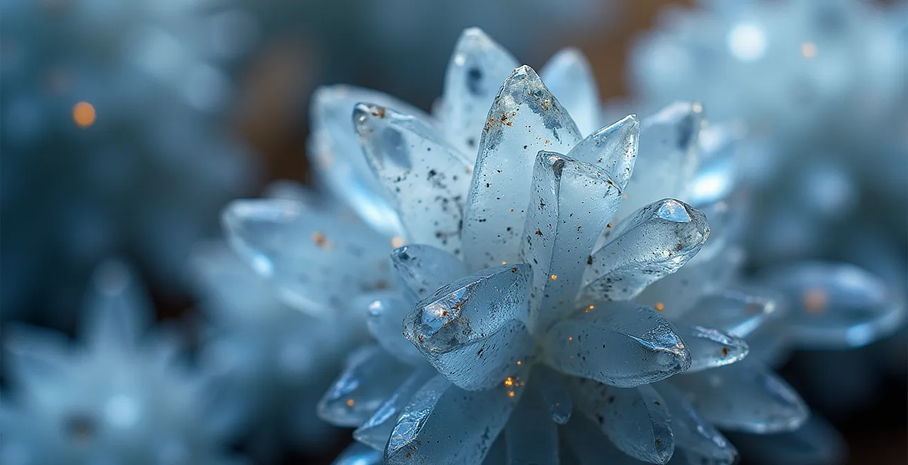 Close-up macro shot of crystalline structures forming interconnected patterns representing correlation matrices