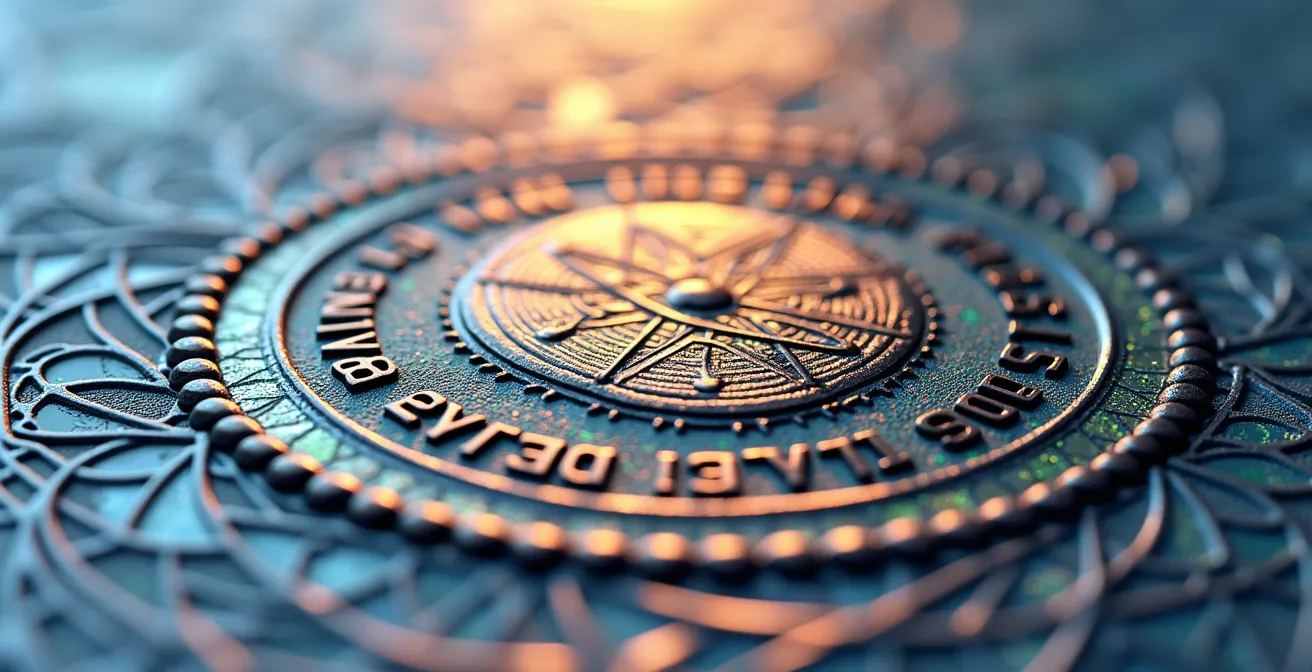 Extreme close-up of verification seal texture and holographic security patterns, representing official documentation