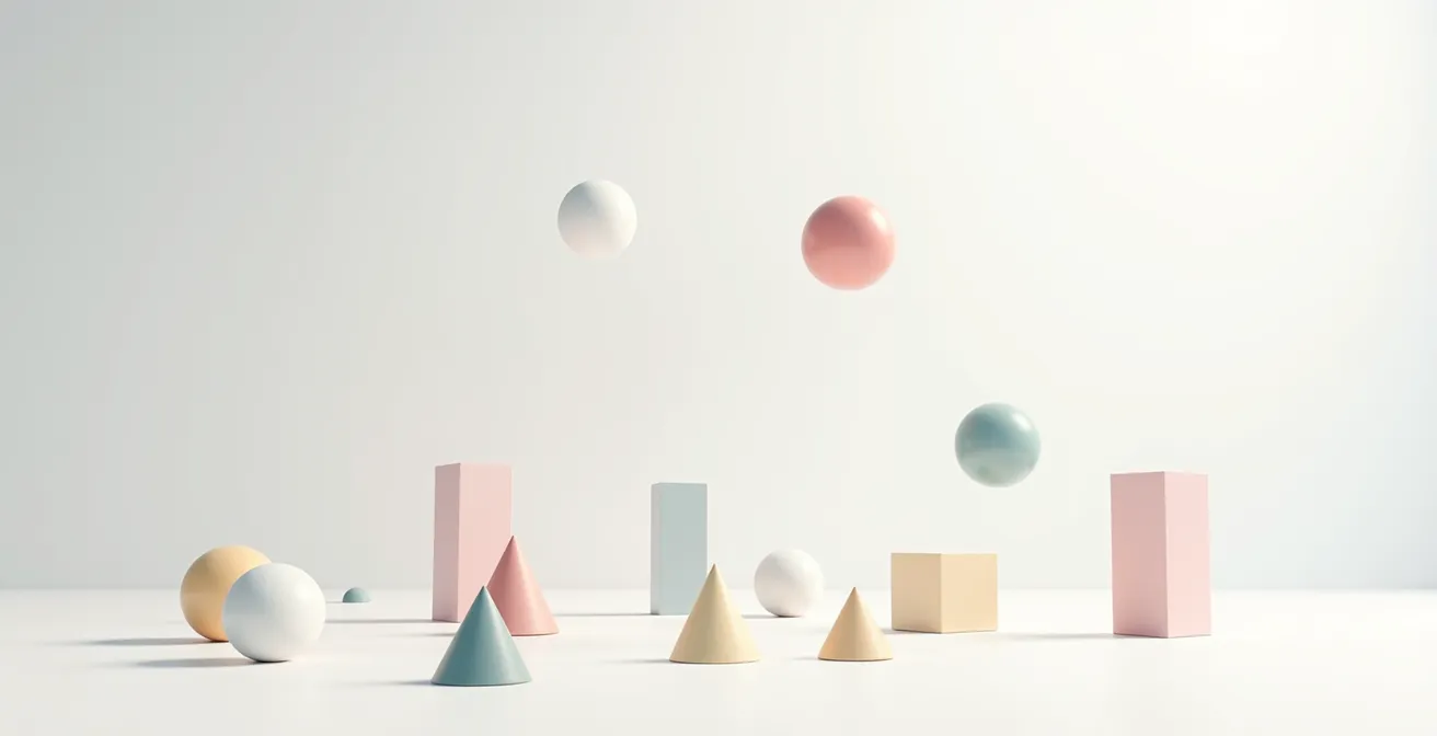 Minimalist wide shot of abstract geometric shapes floating in space representing trading metrics as game elements