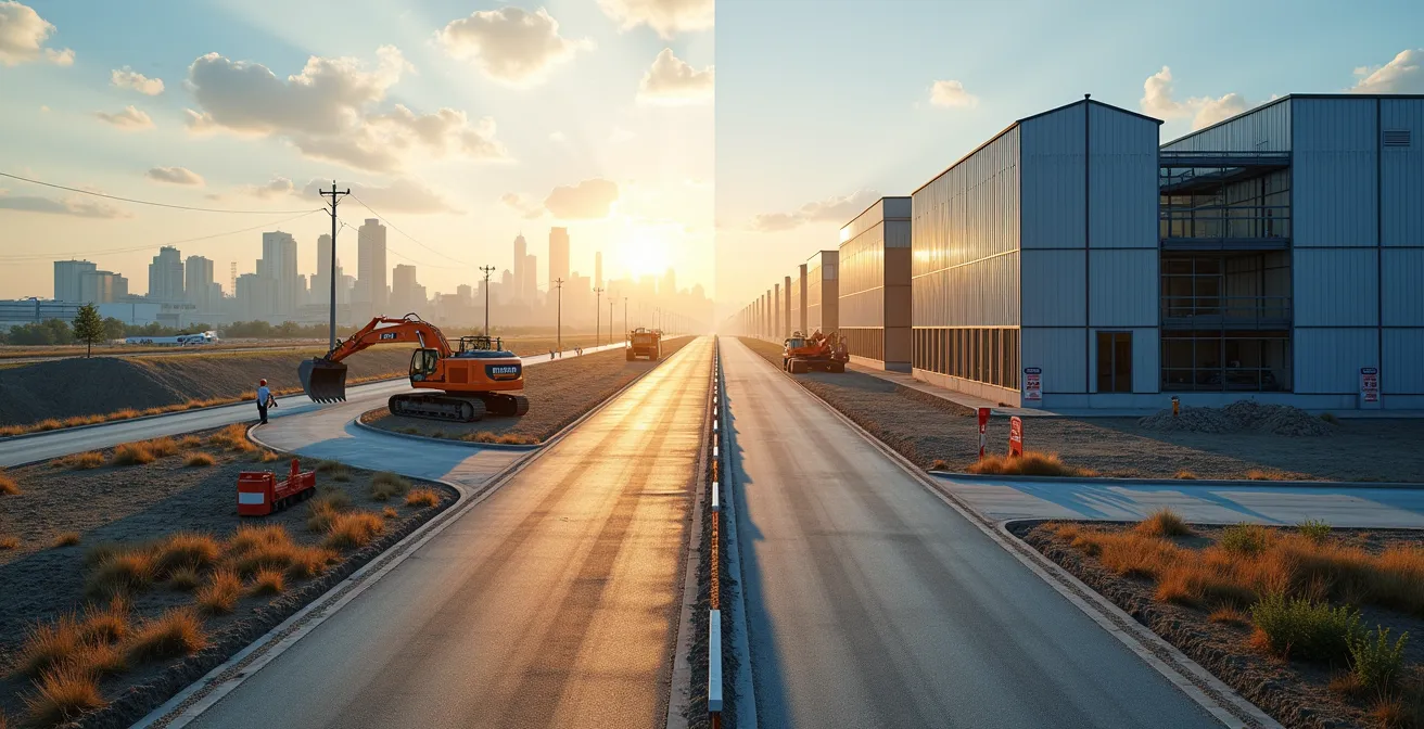 Split-screen comparison of greenfield development site and brownfield industrial redevelopment