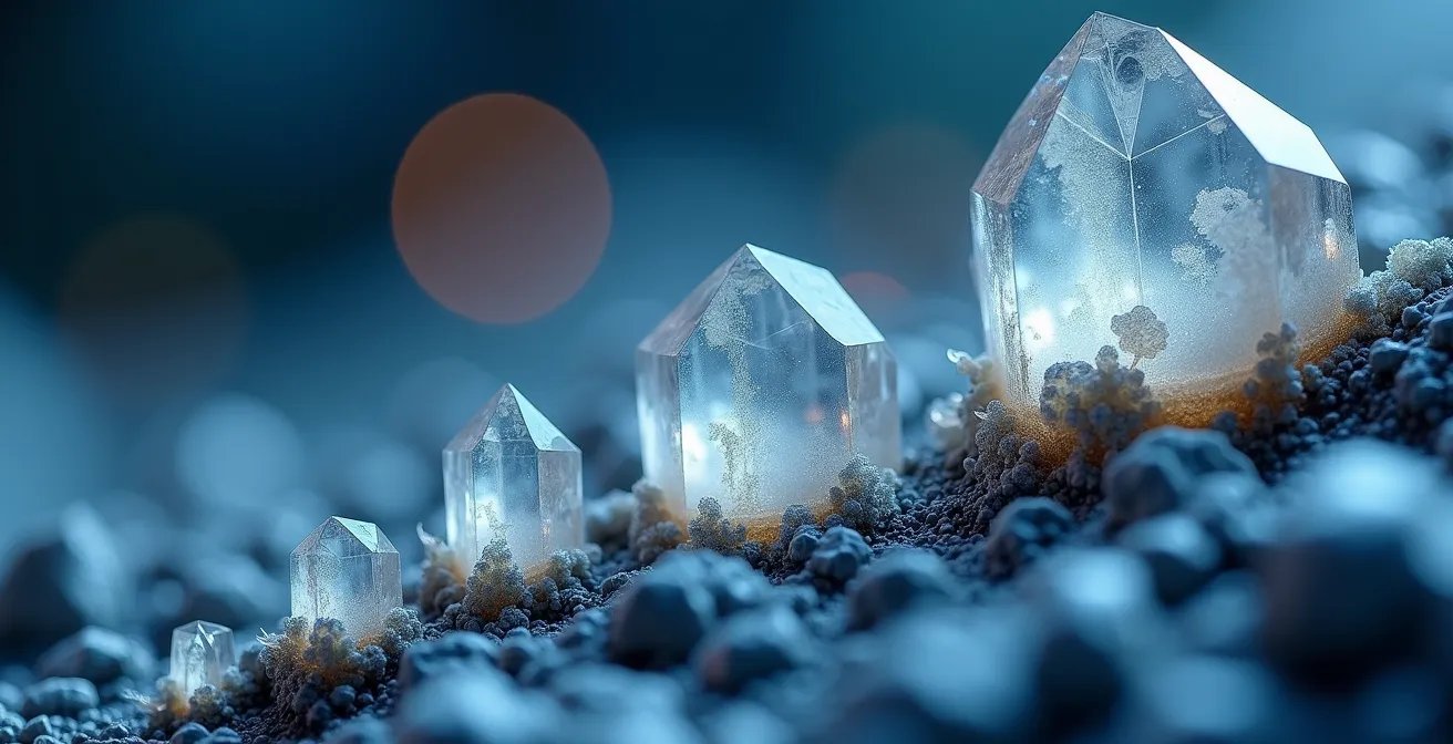 Abstract representation of time horizon and future value calculations shown as crystalline formations growing over time.