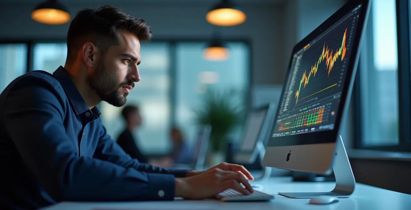 Portrait of professional trader in focused concentration analyzing market data