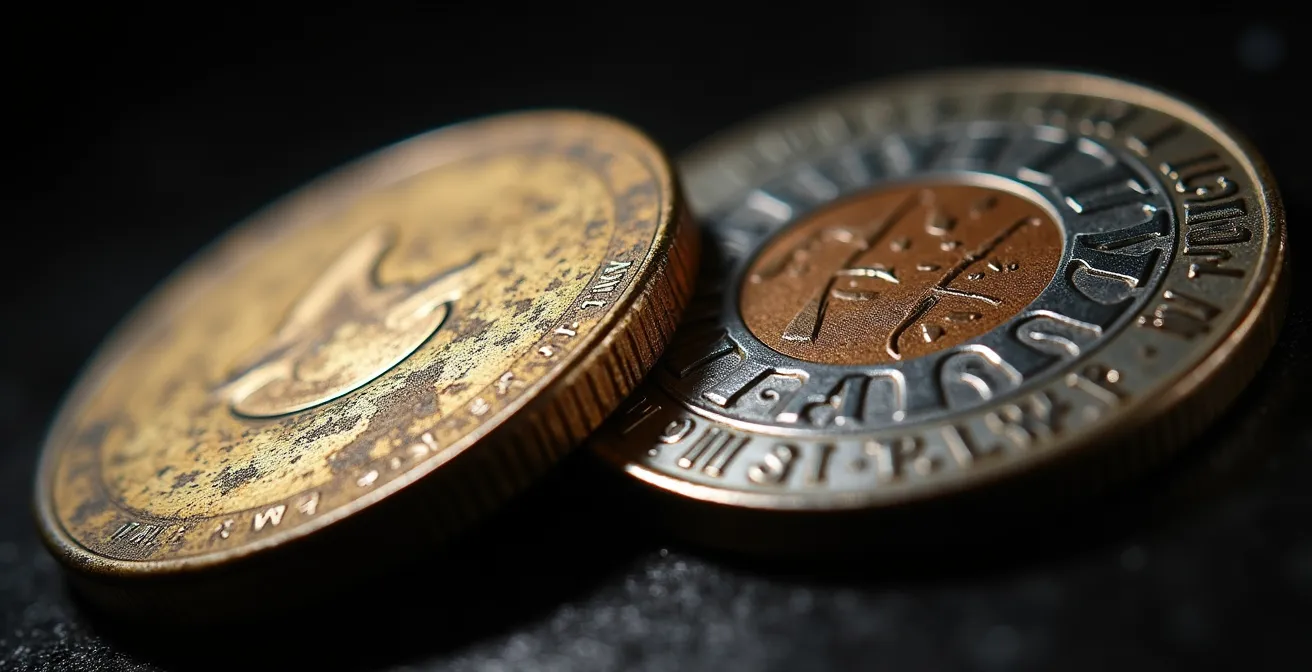 Macro photography showing eroding coins versus protected treasury certificates