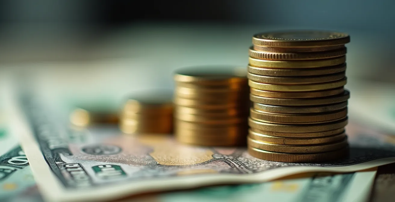 Macro view of stacked coins and bills showing legitimate business deposits