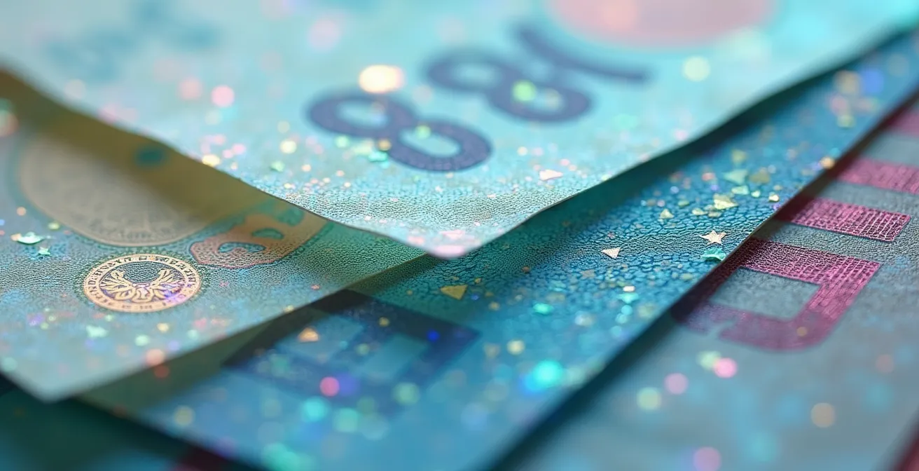 Extreme close-up of security features on identity documents showing holographic elements and watermarks