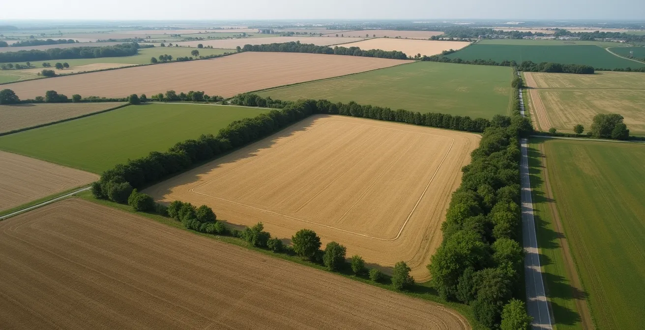 Wide aerial view of rural properties showing a landlocked parcel surrounded by other lands with natural boundaries