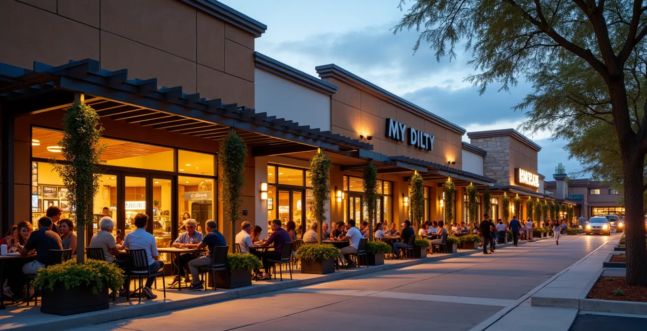 Contemporary strip mall with upgraded facades featuring outdoor seating and modern architectural elements
