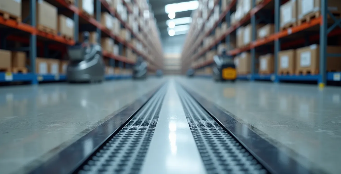 Interior view of high-tech warehouse with automated systems and sustainable improvements