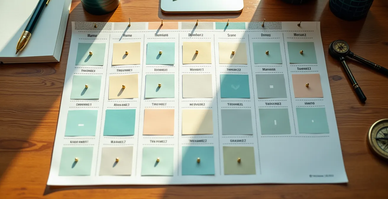 Overhead view of organized dividend payment calendar with color-coded monthly sections