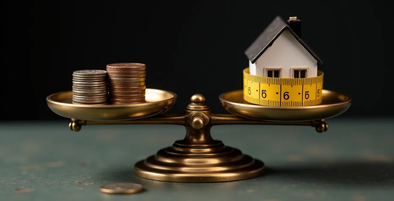 Visual metaphor of property investment risk with balance scale showing cash outflow versus appreciation potential
