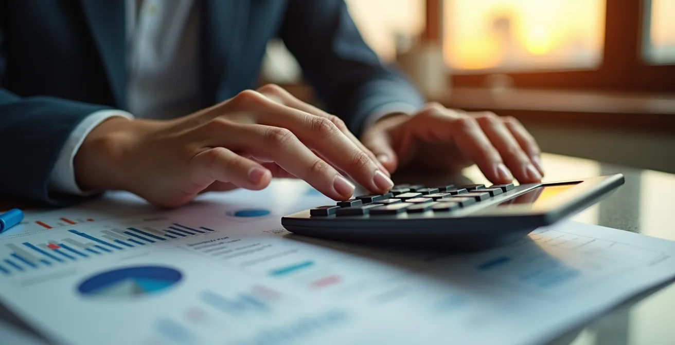 Financial analyst calculating portfolio insurance costs with calculator and charts on desk