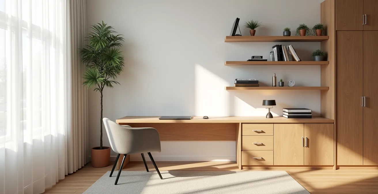 Modern home office setup with built-in shelving and dedicated workspace in rental property