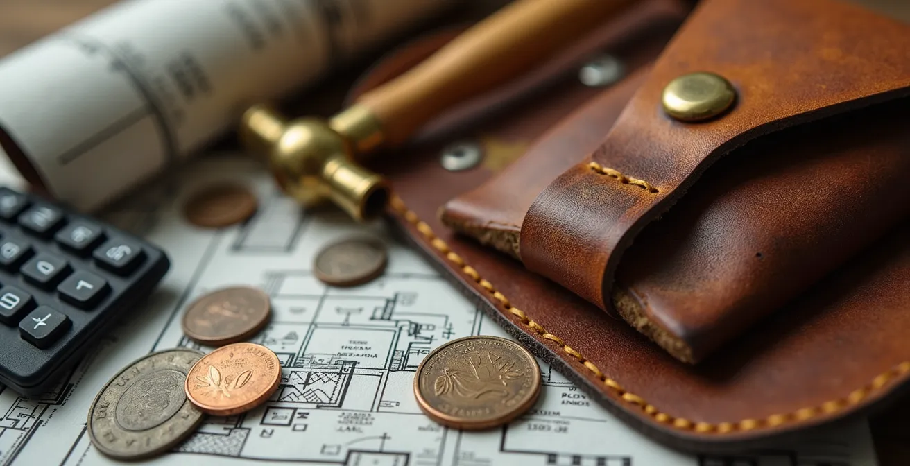 Close-up macro shot of home maintenance tools and budget planning materials
