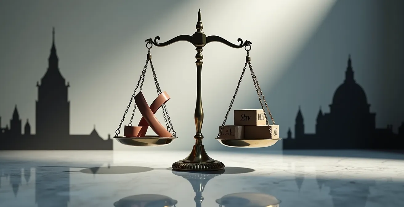 Split composition showing UK and US regulatory approaches through symbolic representation of a scale with flexible ribbon versus rigid blocks