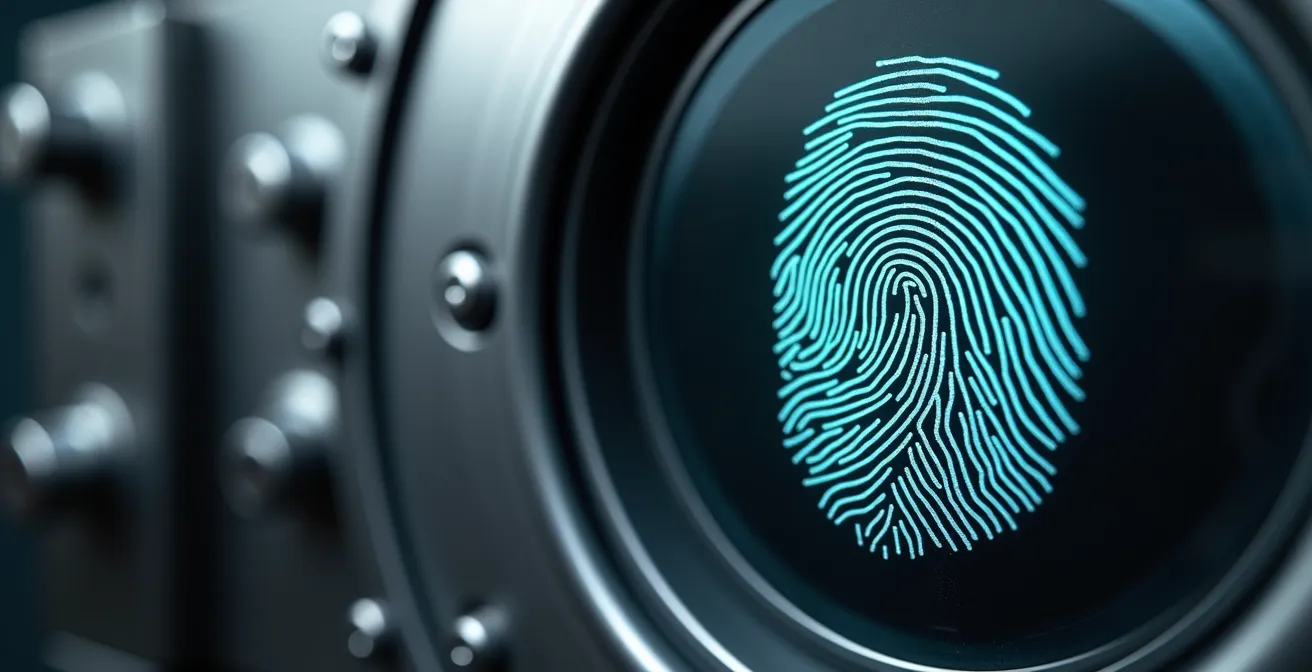 High-security vault entrance with biometric scanner and reinforced steel door