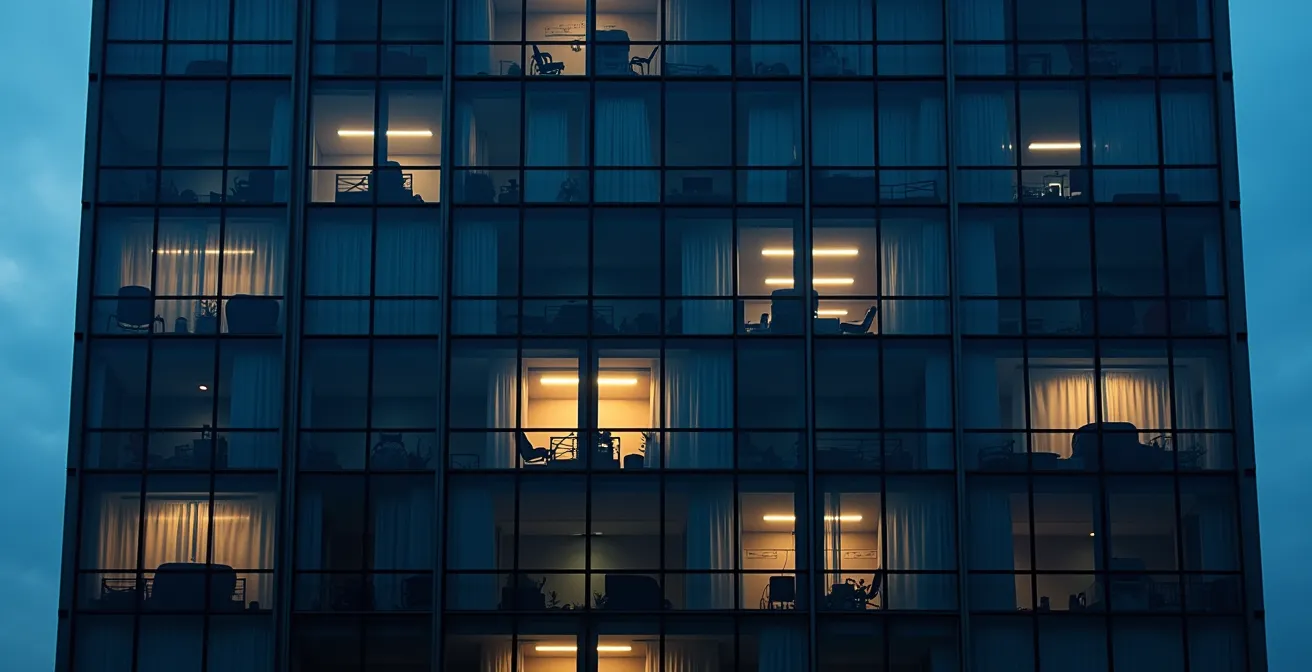 Aerial view of partially occupied office building showing pattern of lit and dark floors at dusk