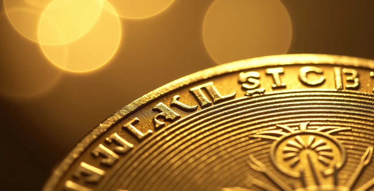 Macro detail of sovereign gold coin security features showing micro-engraving and radial patterns