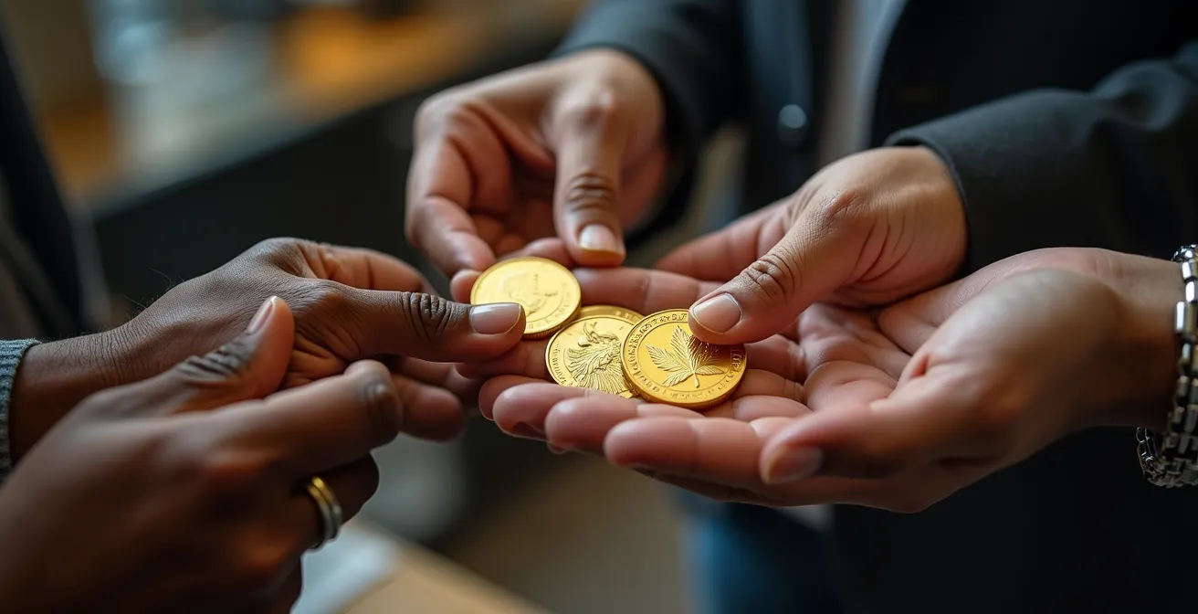 Collection of sovereign gold coins from different nations arranged on velvet