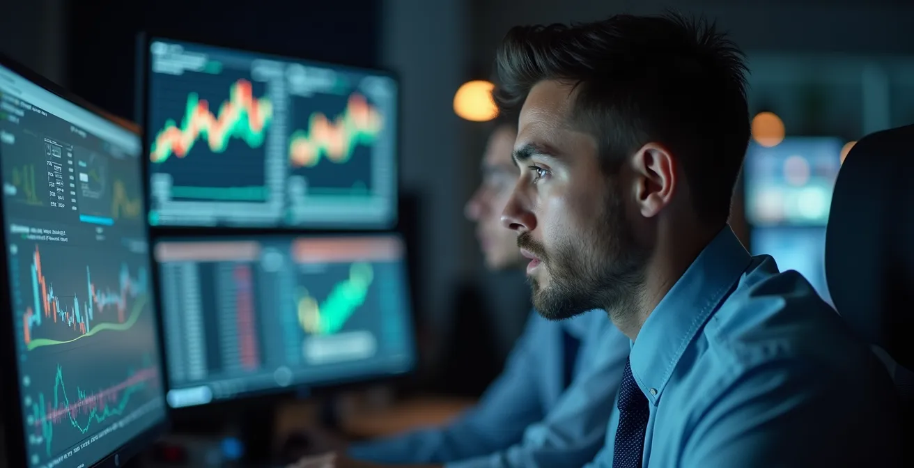 Professional traders analyzing multiple screens showing market data in modern trading environment