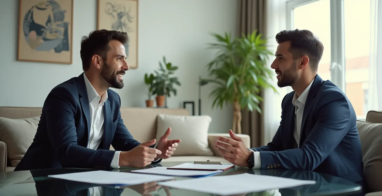 Professional landlord conducting tenant interview in modern apartment setting