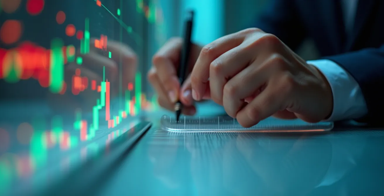 Close-up view of hands drawing parallel trend channel lines on a glass board with market data reflections